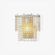 Half round wall sconce with two tiers of faceted crystal bead strands on a gold frame
