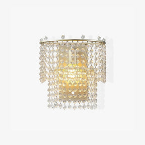 Half round wall sconce with two tiers of faceted crystal bead strands on a gold frame