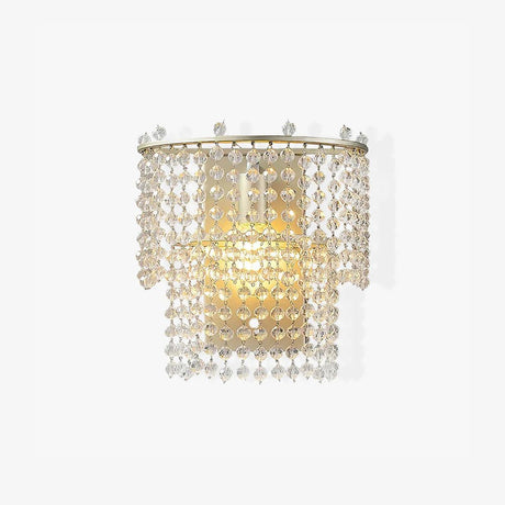 Half round wall sconce with two tiers of faceted crystal bead strands on a gold frame