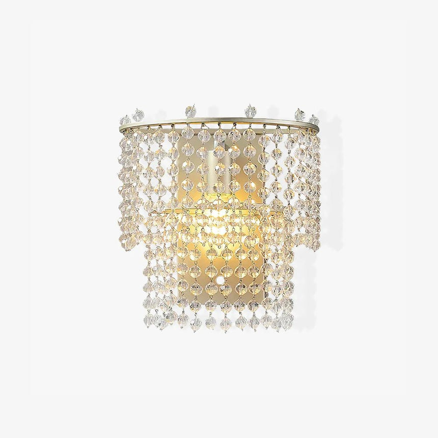 Half round wall sconce with two tiers of faceted crystal bead strands on a gold frame