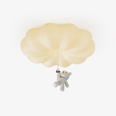 Bear ceiling light with a bear swinging from a lit white cloud, on a plain background