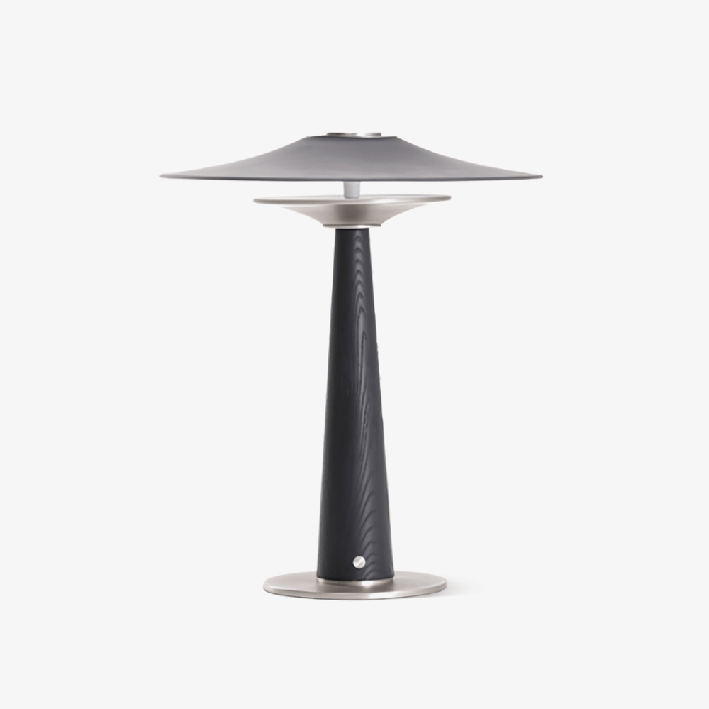 Bedroom table lamp with a wide disc on a black wood column, plain ground