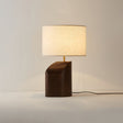 Bedroom table lamp switched on against a plain background