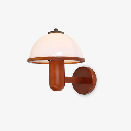 Bedside wall lamp with a white mushroom shade on a round oak arm and plate