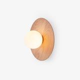 Bedside wall lamp, an oak disc with a frosted glass globe set off center