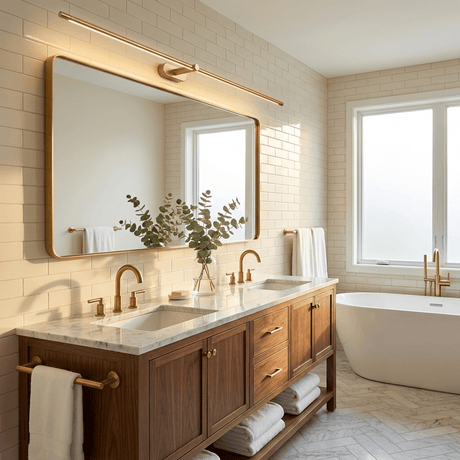 Slim rod lit above a wide aluminum mirror over a double basin walnut vanity beside a bath