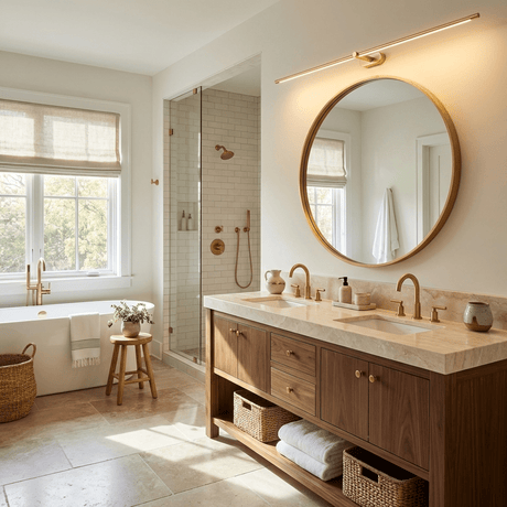 Slim rod lit above a round brass mirror over a wood vanity beside a bathtub