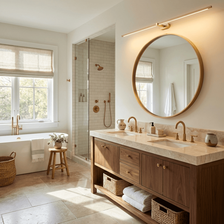 Slim rod lit above a round brass mirror over a wood vanity beside a bathtub