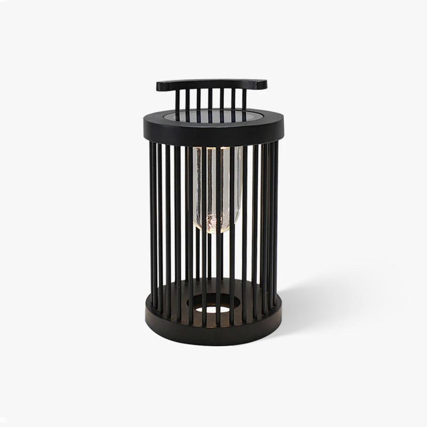 Black cylindrical lantern with close vertical bars around a clear tube