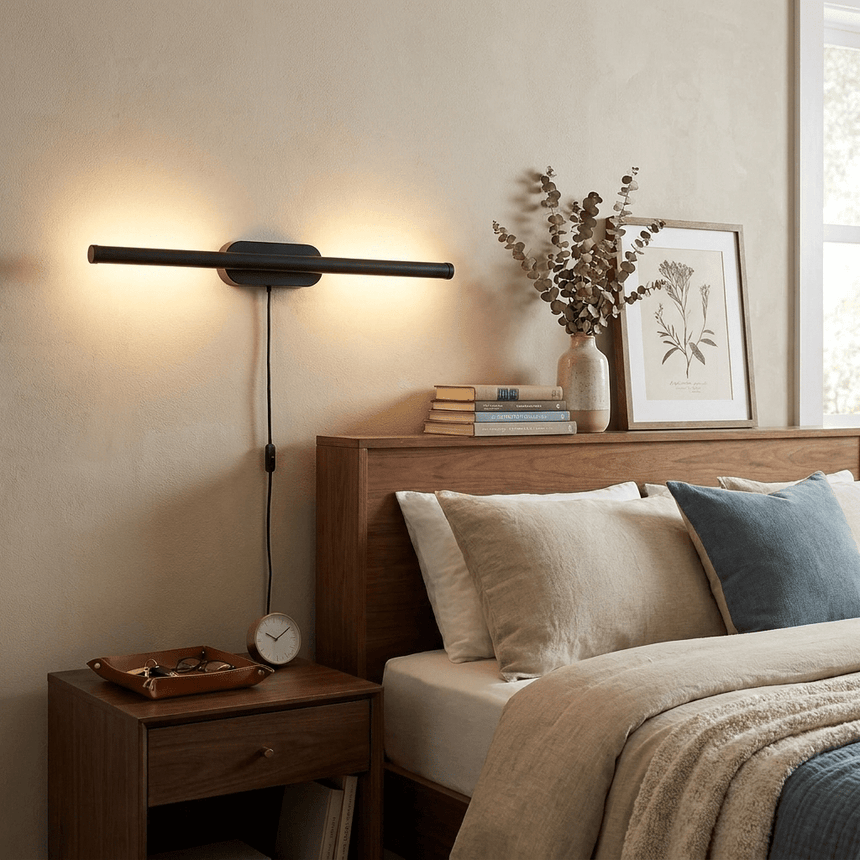 Black bar lit above a bed with layered pillows and a bedside table with books