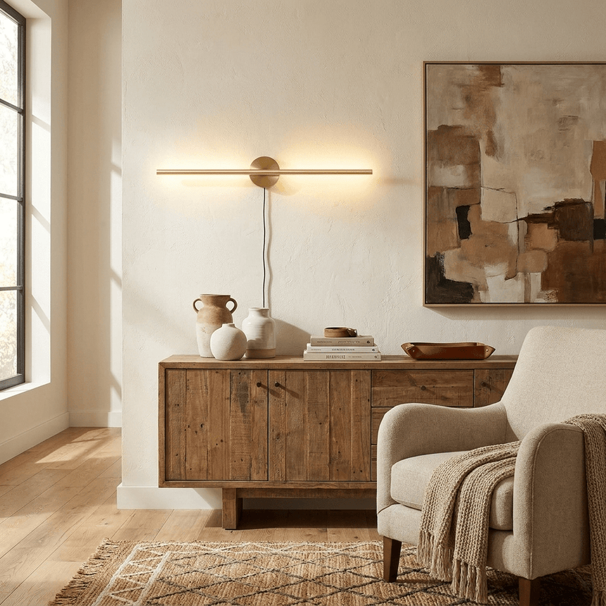 Gold bar lit above a wood cabinet with a bowl and a vase in a sunlit room
