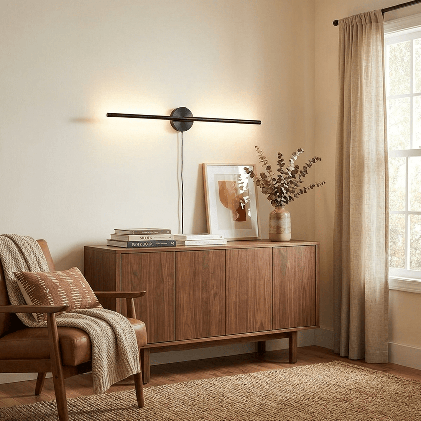 Black bar lit above a walnut sideboard with a framed print and dried stems