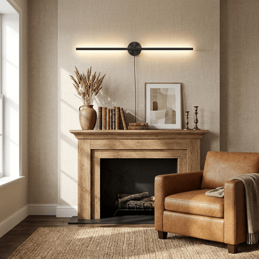 Black bar lit above a wood mantel beside a leather armchair and a stack of books
