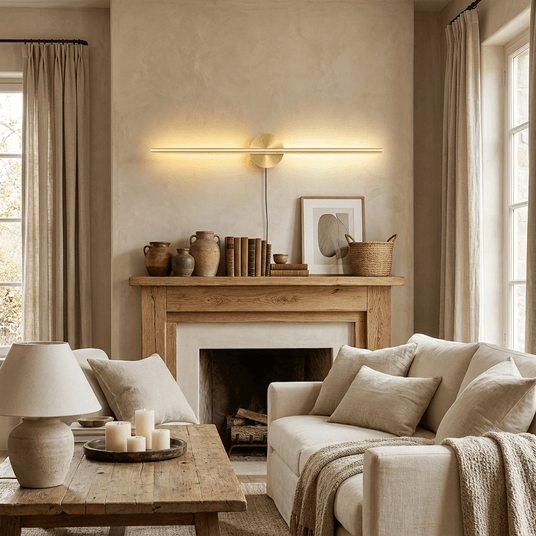 Gold bar lit above a wood mantel with a pitcher and framed pictures beside a sofa