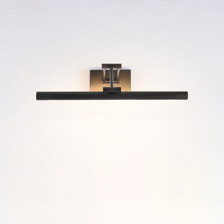 The longest black bar lit on a pale wall, the light reaching wall to wall below