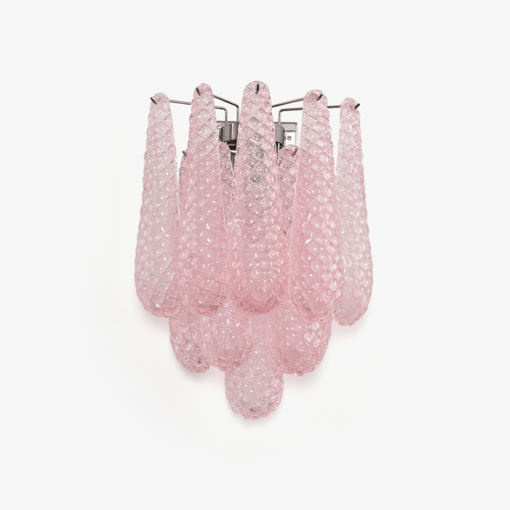 Wall sconce of layered pink textured glass petals falling in three tiers