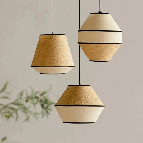 Boho hanging light in woven wicker willow, two shades hung at different heights