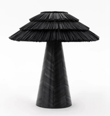 Black boho table lamp seen in full, straw tiers over a dark cone
