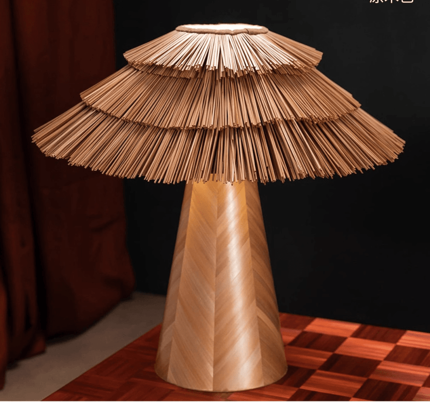 Close view of the three tiers of straw and the herringbone wood cone