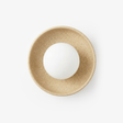 Round ceramic wall light with a speckled sand glaze bowl around an opal white glass globe