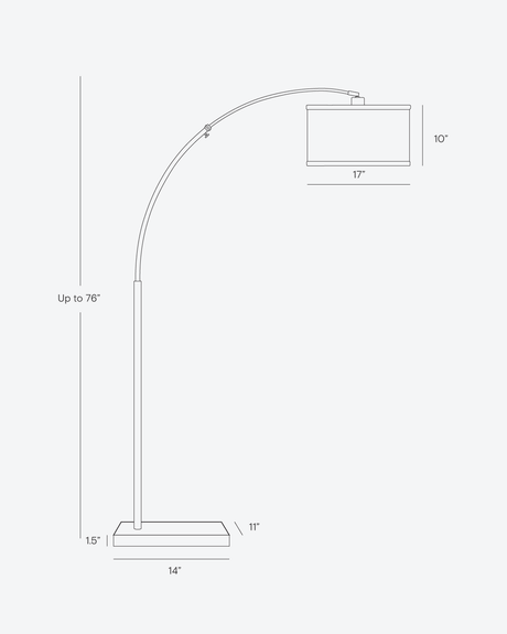 Dimension drawing giving 76 inches of height, a 17 inch shade and a 14 inch base