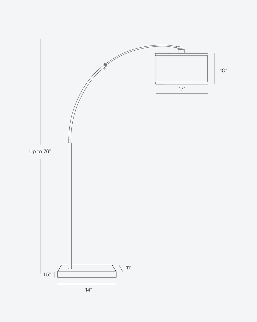 Dimension drawing giving 76 inches of height, a 17 inch shade and a 14 inch base