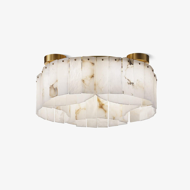 Brass flush mount ceiling light with overlapping alabaster panels on a brass frame
