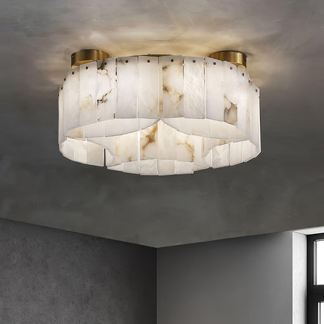 Alabaster panel ceiling light lit against a dark plaster ceiling