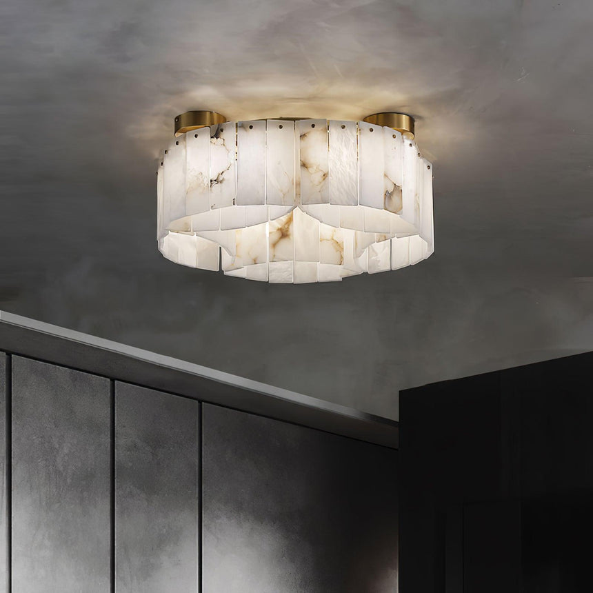 Alabaster panel ceiling light above a dark cabinet wall