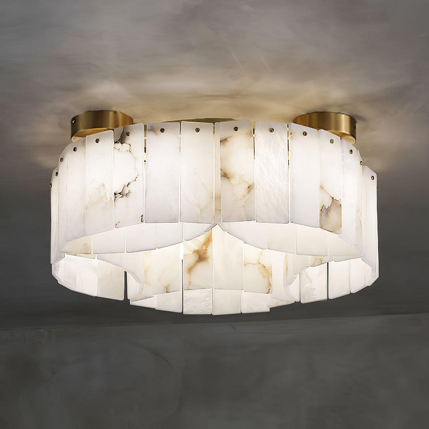 Alabaster panel ceiling light seen from below with the stone lit