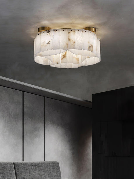 Alabaster panel ceiling light in a dark room with a glazed partition
