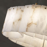 Close view of the stone panels lit from inside the fixture