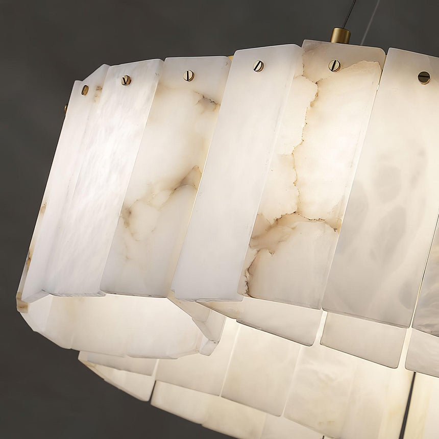 Close view of the stone panels lit from inside the fixture
