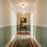 Brass ceiling lights along a corridor with green paneling and a runner