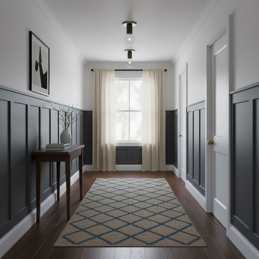 Black ceiling light in a corridor with dark paneling and a patterned floor