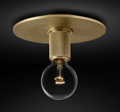 Brass ceiling light with a globe shade seen from below against a dark backdrop