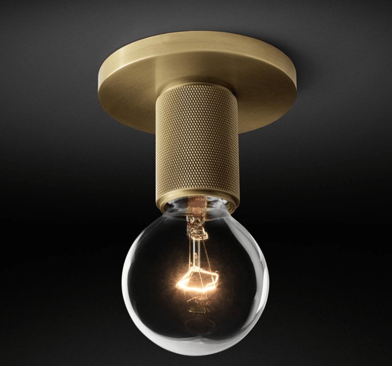 Brass ceiling light with a globe shade lit against a dark backdrop