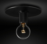 Black ceiling light seen from the side with a bare filament bulb