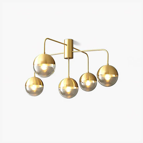Five globe brass ceiling light shown small on a white backdrop