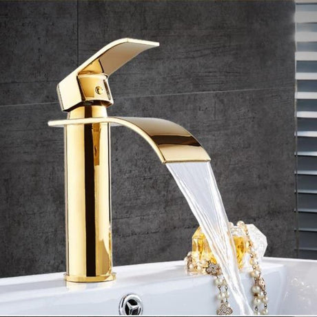Gold and white waterfall bathroom faucet - cascading spout flow