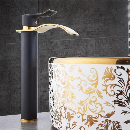 Gold and white waterfall bathroom faucet - deck mounted single handle