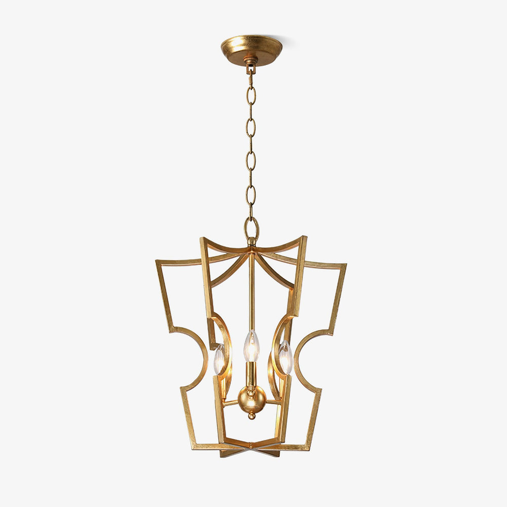 An open brass lantern frame with scalloped sides and four candle lamps inside