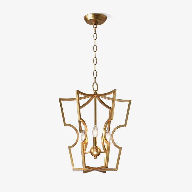 An open brass lantern frame with scalloped sides and four candle lamps inside