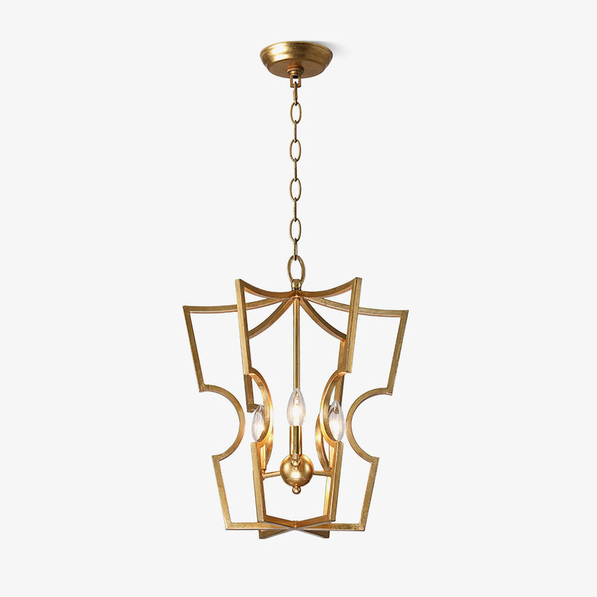 An open brass lantern frame with scalloped sides and four candle lamps inside