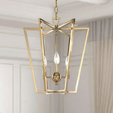 The tapered open frame with four lamps inside, hung in a paneled hallway