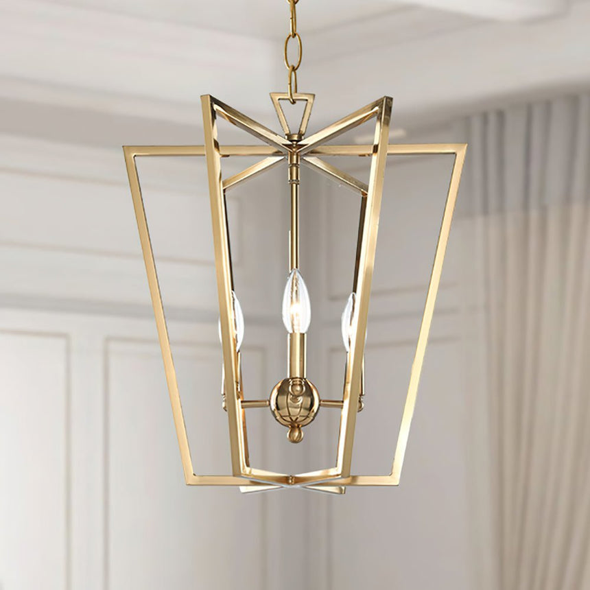 The tapered open frame with four lamps inside, hung in a paneled hallway