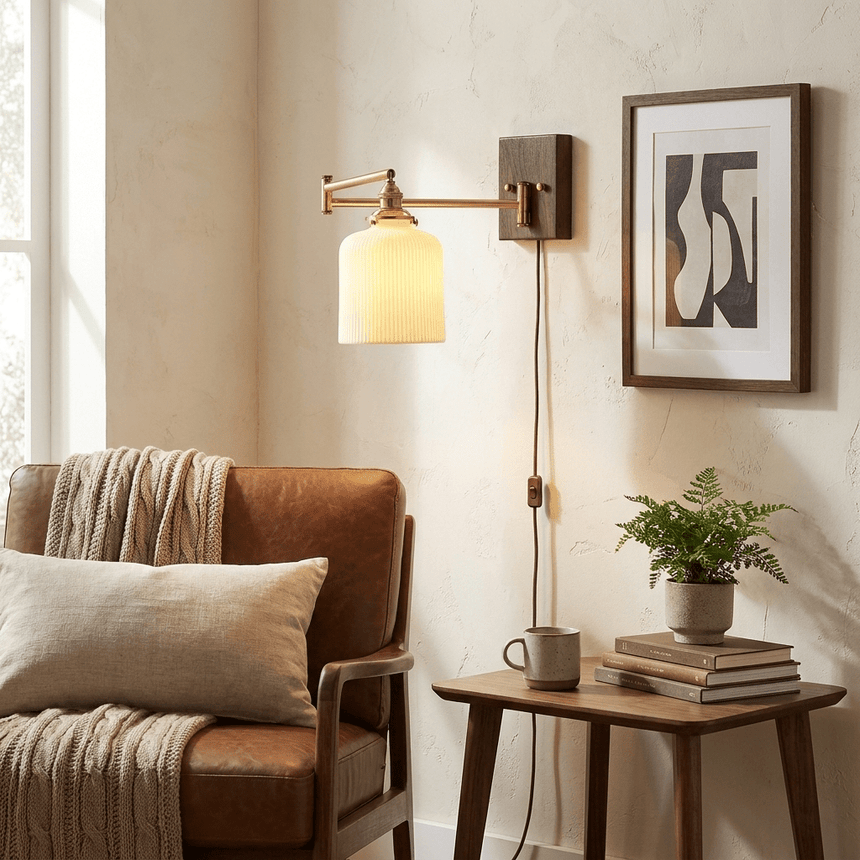 Plug in sconce lit beside a leather armchair with a throw and a plant