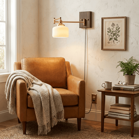 Plug in sconce lit in a reading corner above a stool stacked with books