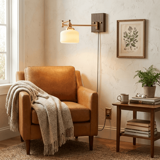 Plug in sconce lit in a reading corner above a stool stacked with books
