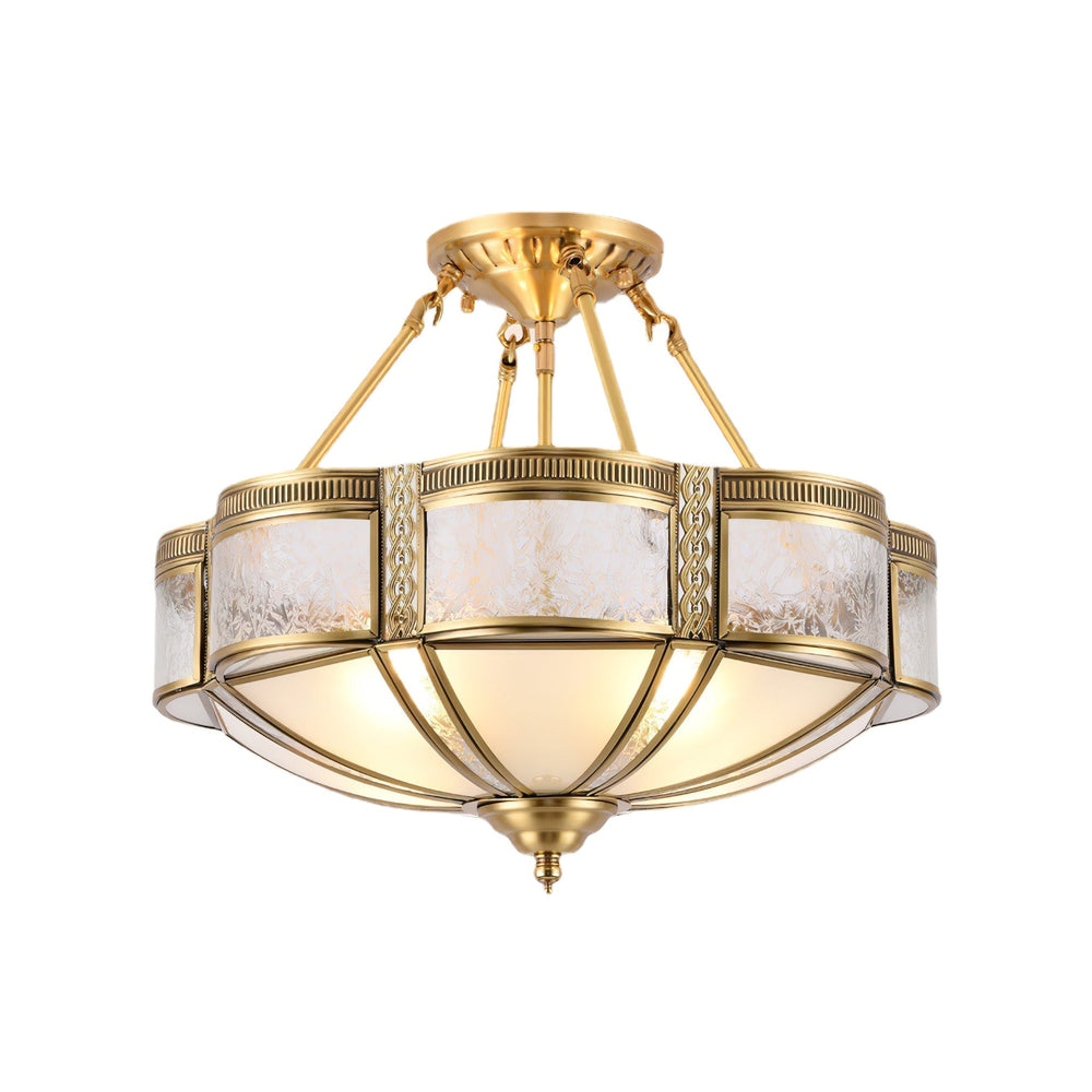Brass semi flush mount ceiling light with milk glass panels in a cast brass frame